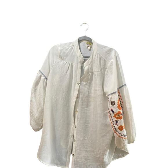 Fig And Flower White Long Sleeves Button Front Embroidered Shirt Top Size Large - Picture 1 of 4